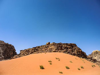 Scenic view of desert against clear blue sky