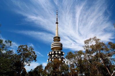 Low angle view of tower against cloudy sky