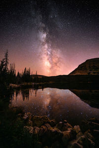 Scenic view of lake against sky at night