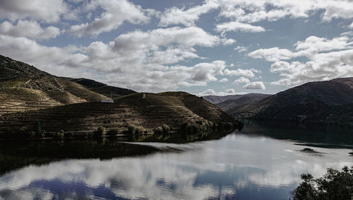 Scenic view of lake and mountains against sky