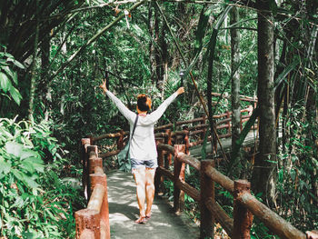 Rear view of person standing by tree in forest