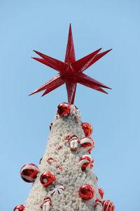 High section of christmas tree against clear sky