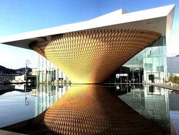 View of swimming pool by building against sky