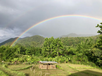 Scenic view of rainbow over land against sky