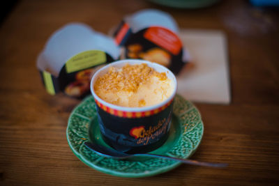Close-up of coffee served on table