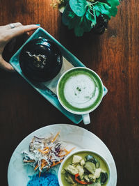 High angle view of meal served on table