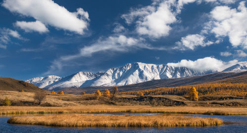 Scenic view of snowcapped mountains against sky