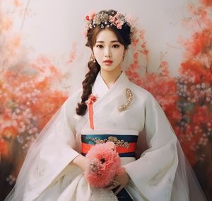 Portrait of young woman standing by plants