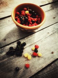 High angle view of fruits in bowl on table