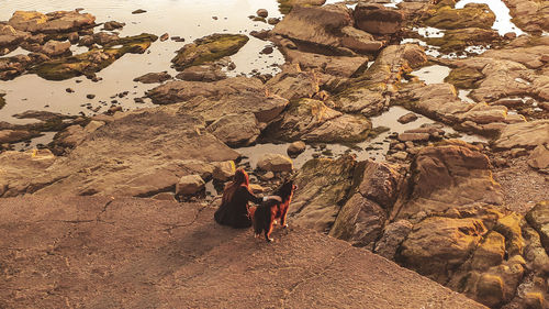 Rear view of people walking on rock