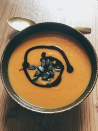 High angle view of drink in bowl on table