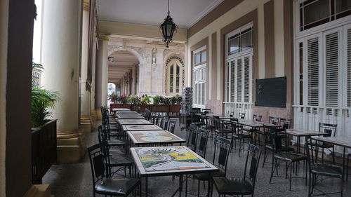 Empty chairs and tables in building