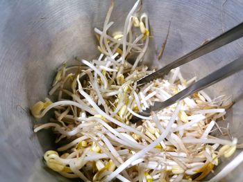 High angle view of chopped vegetables in bowl on table