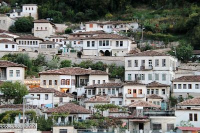 High angle view of houses in town