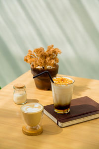 High angle view of coffee on table