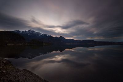 Scenic view of lake against cloudy sky