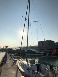 Sailboats moored in harbor against clear sky