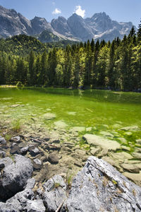 Lake eibsee at zugspitze mountain range in germany