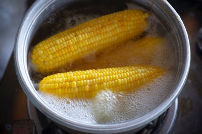 High angle view of yellow food on table