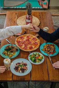 High angle view of food in plate on table