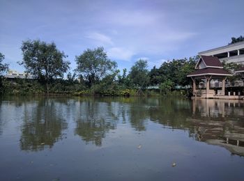 Scenic view of lake by building against sky