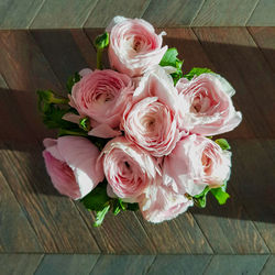 High angle view of rose bouquet on table