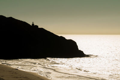 Silhouette man on beach against sky