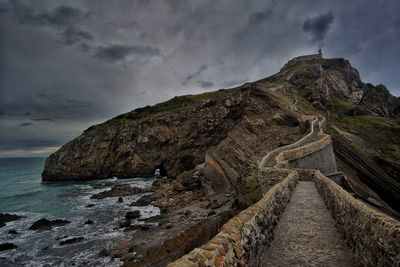 Rock formations by sea against sky