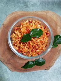 High angle view of food in bowl on table