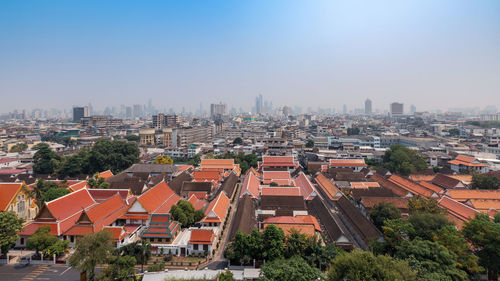 Top view of golden mountain or wat saket temple, a famous landmark in bangkok thailand