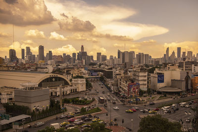 High angle view of cityscape against sky during sunset