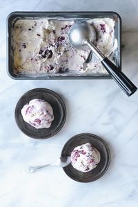 High angle view of blackberry ice cream served on table