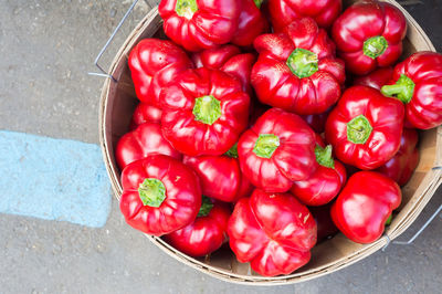 High angle view of red tomatoes for sale in market