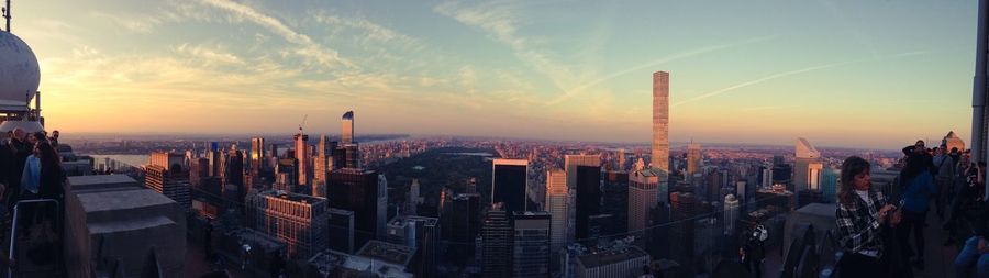 High angle view of cityscape against sky during sunset