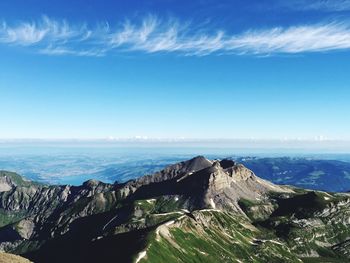 Scenic view of mountains against horizon over water