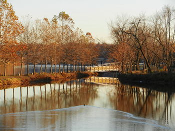 Scenic view of lake against clear sky during autumn