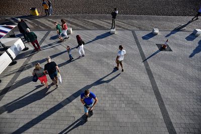 High angle view of people on floor