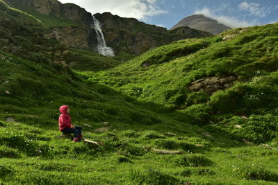Rear view of a child on mountain