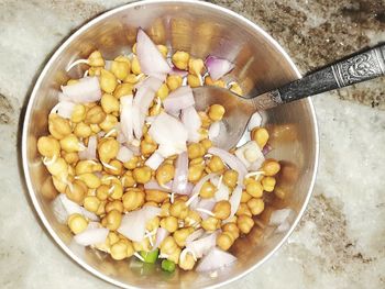 High angle view of pasta in bowl on table