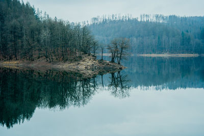 Reflection of trees in lake against sky