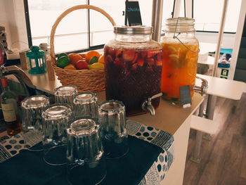 Close-up of drink in glass jar on table