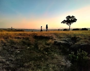 Silhouette person standing on field against sky during sunset