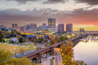 High angle view of bridge over river against sky during sunset