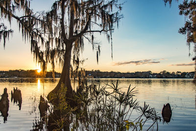 Scenic view of lake against sky during sunset