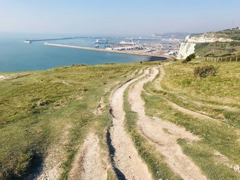 View of dover harbour from the white cliffs