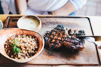 Close-up of food served on table