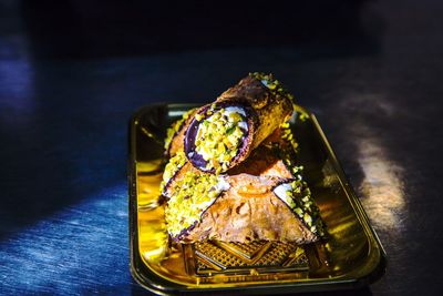 High angle view of dessert in plate on table