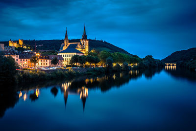 Reflection of buildings in lake water