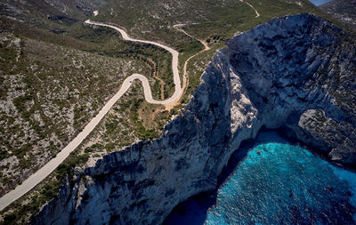 Aerial view of winding road by sea