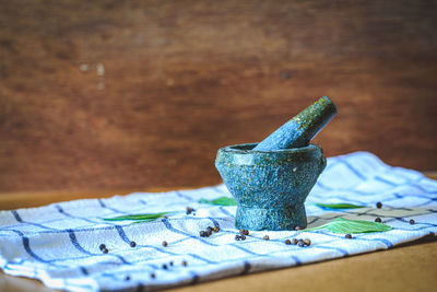 Close-up of ice cream on wooden table